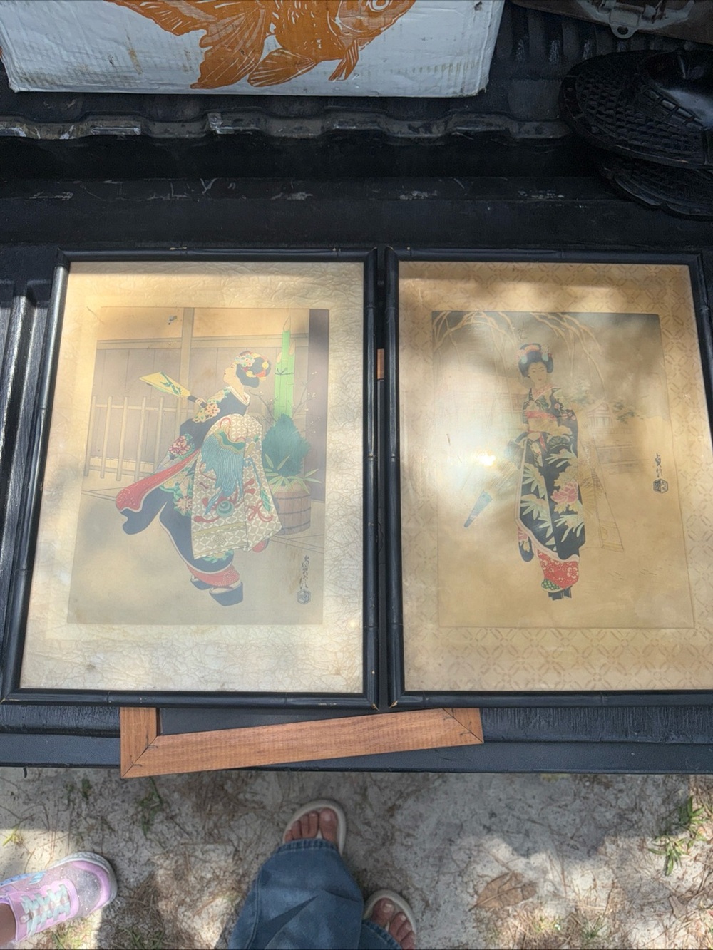 Framed Traditional Asian Art Prints in Gold and Black - Set of 2